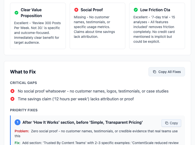 Analysis results showing surgical fixes with exact locations and replacement text